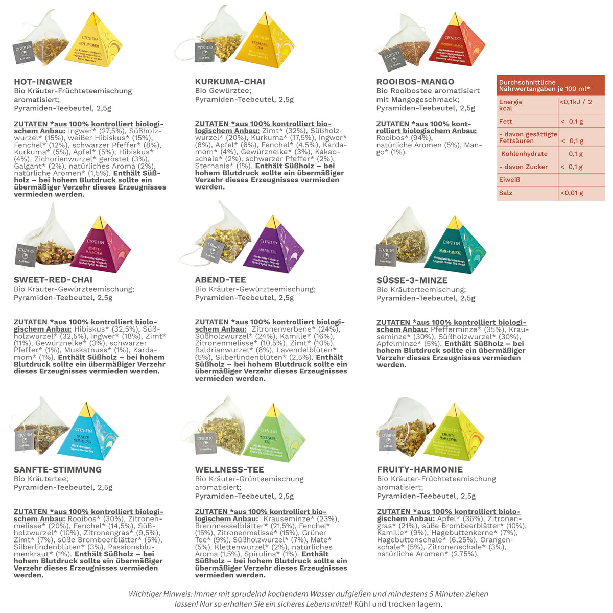 Creano Premium Bio Kräutertee Geschenkset „ORGANIC HERBAL TEA“ - 9 Pyramiden-Teebeutel in 9 unterschiedlichen Sorten - 22,5g - NEUHEIT 2024*