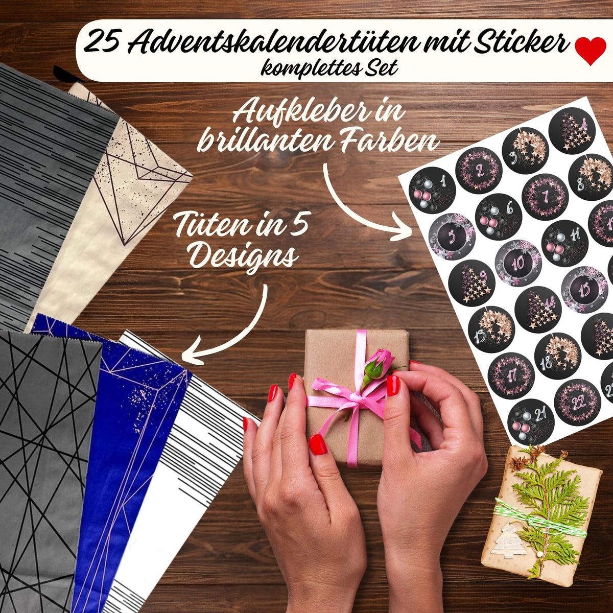 Adventskalender zum Befüllen Weihnachtskalender zum selber Basteln mit großen Tüten Kraftpapier