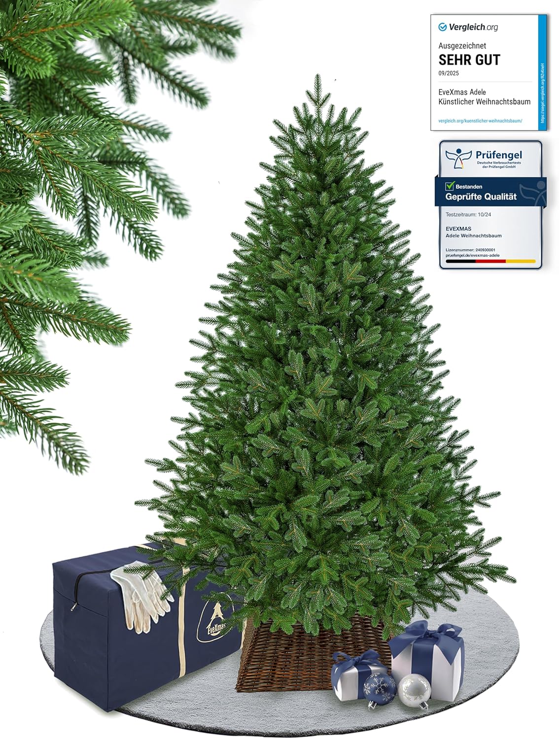EveXmas Adele Künstlicher Weihnachtsbaum 185 cm, 591 Zweige, 100% PE Spritzguss – Christbaum und Tannenbaum grün, Nordmanntanne Optik, wie echt, inkl. Metallständer, Aufbewahrungstasche und Baumkorb