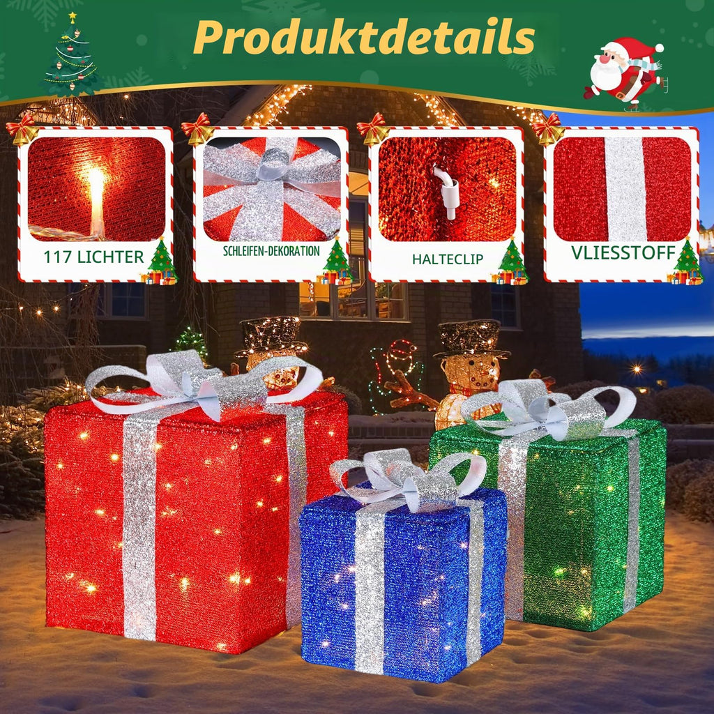 Quntis 3 Set LED Geschenkbox Weihnachtsdeko Innen Aussen 60 warmweiße LEDs