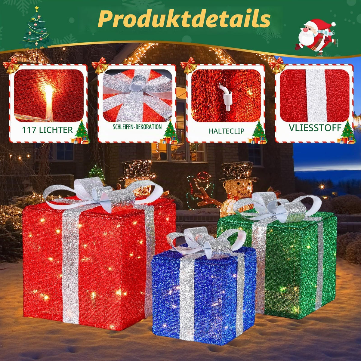 Quntis 3 Set LED Geschenkbox Weihnachtsdeko Innen Aussen 60 warmweiße LEDs