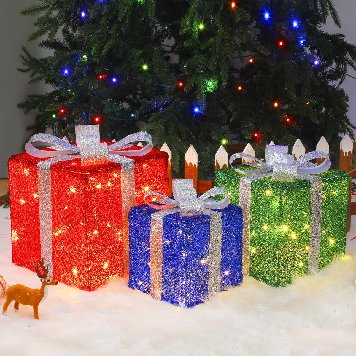 Quntis 3 Set LED Geschenkbox Weihnachtsdeko Innen Aussen 60 warmweiße LEDs