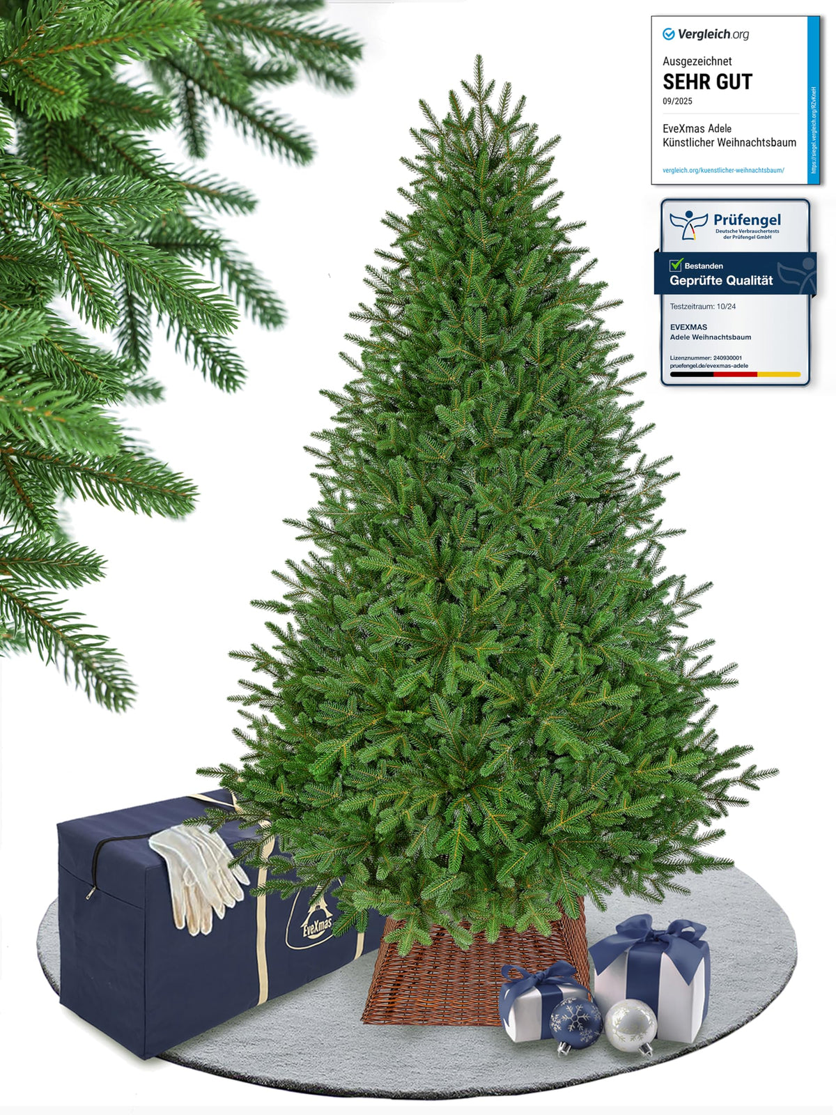 EveXmas Adele Künstlicher Weihnachtsbaum 185 cm, 591 Zweige, 100% PE Spritzguss – Christbaum und Tannenbaum grün, Nordmanntanne Optik, wie echt, inkl. Metallständer, Aufbewahrungstasche und Baumkorb