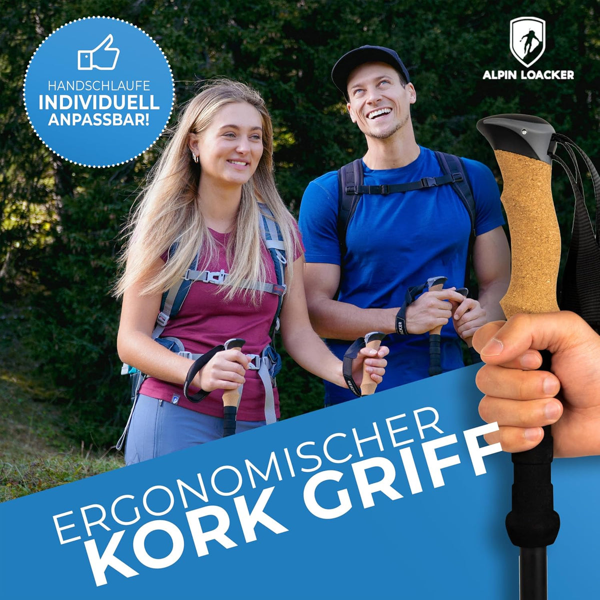 ALPIN LOACKER Wanderstöcke faltbar Carbon oder Aluminium mit Korkgriff I Nordic Walking Stöcke Damen & Herren I Leichte Faltbare Trekkingstöcke Teleskop für Bergsport