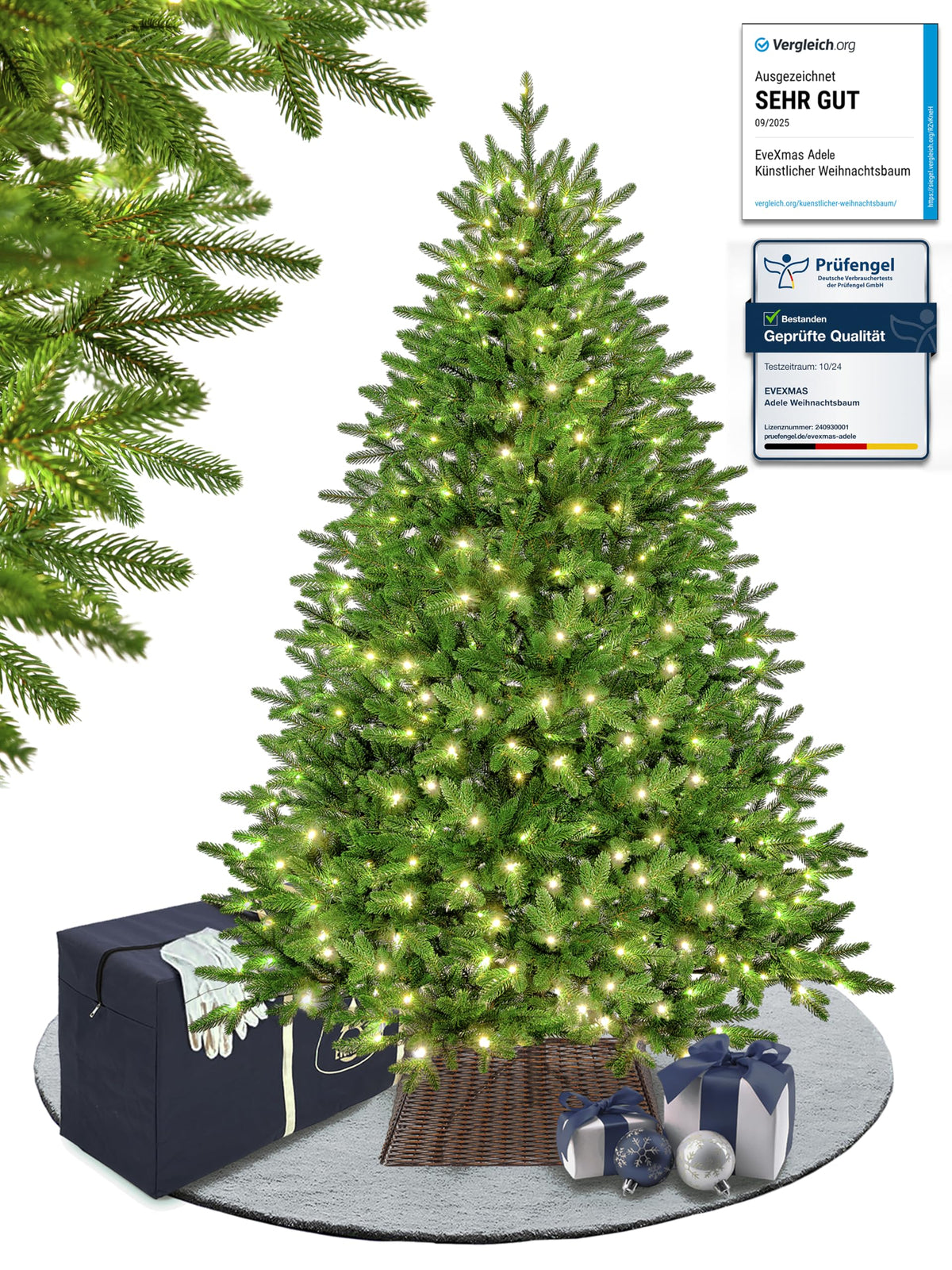 EveXmas Adele Künstlicher Weihnachtsbaum 185 cm, 591 Zweige, 100% PE Spritzguss – Christbaum und Tannenbaum grün, Nordmanntanne Optik, wie echt, inkl. Metallständer, Aufbewahrungstasche und Baumkorb
