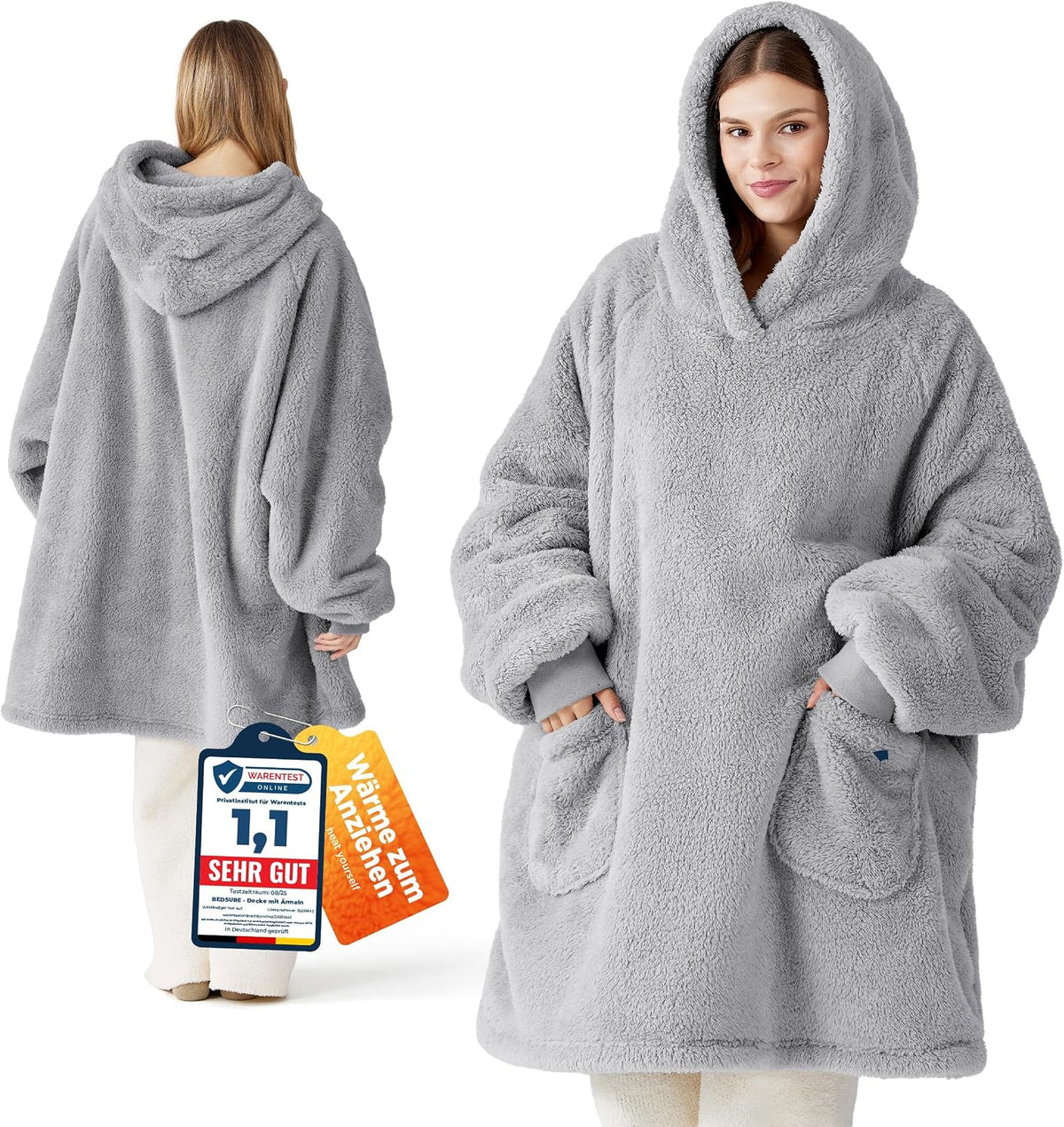 BEDSURE Hoodie Decke mit Ärmeln Geschenke Grau - 95x85cm