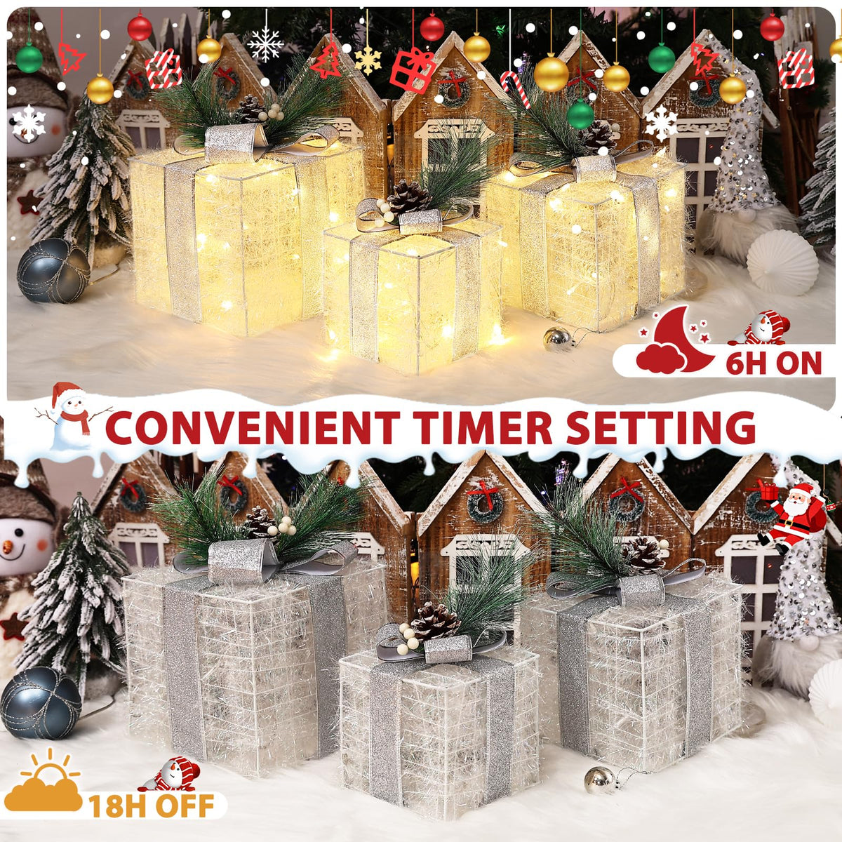 Quntis 3 Set LED Geschenkbox Weihnachtsdeko Innen Aussen 60 warmweiße LEDs