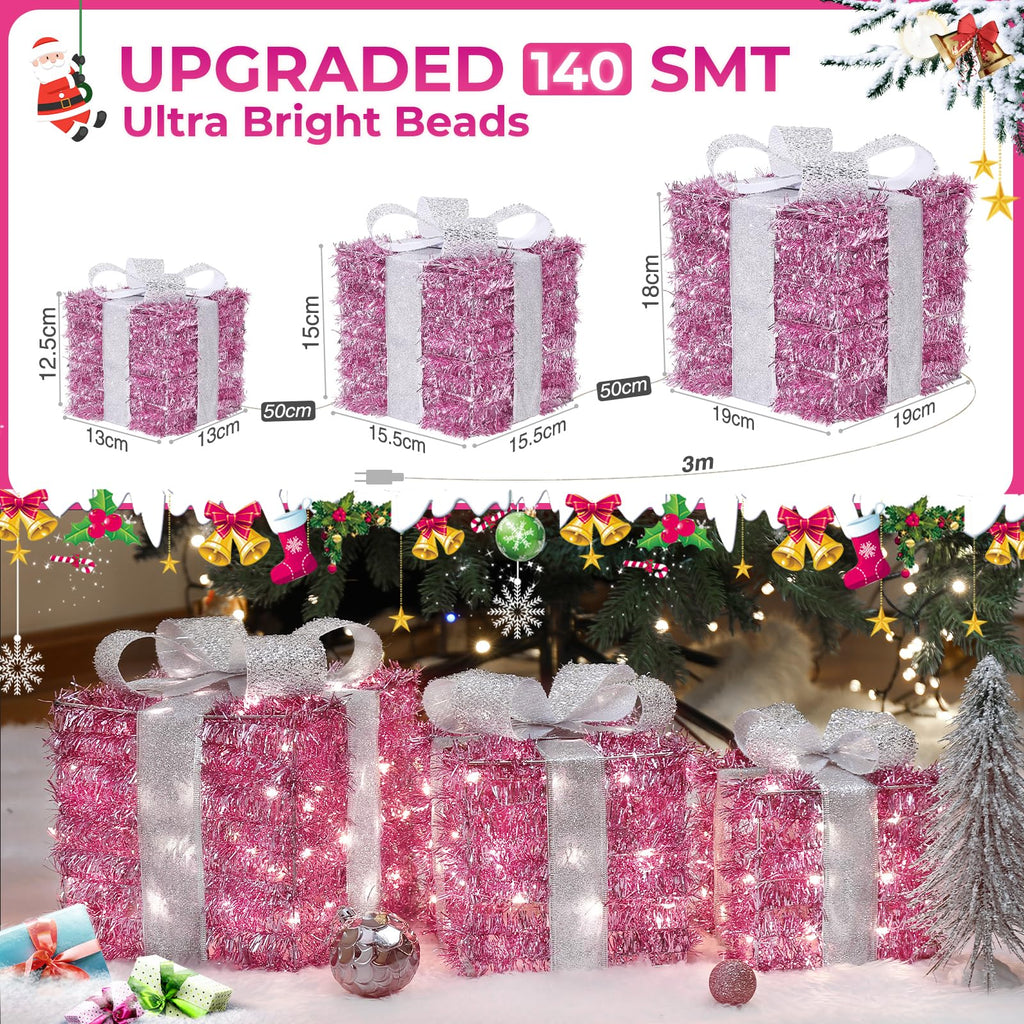 Quntis 3 Set LED Geschenkbox Weihnachtsdeko Innen Aussen 60 warmweiße LEDs