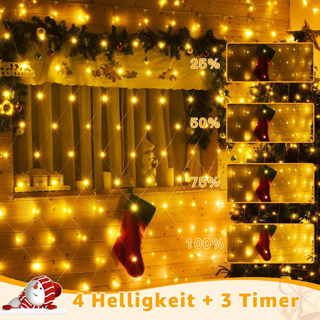 Ollny Lichternetz Außen 3x2m, 200 LED Warmweiß mit 8 Modi, Timer, IP67