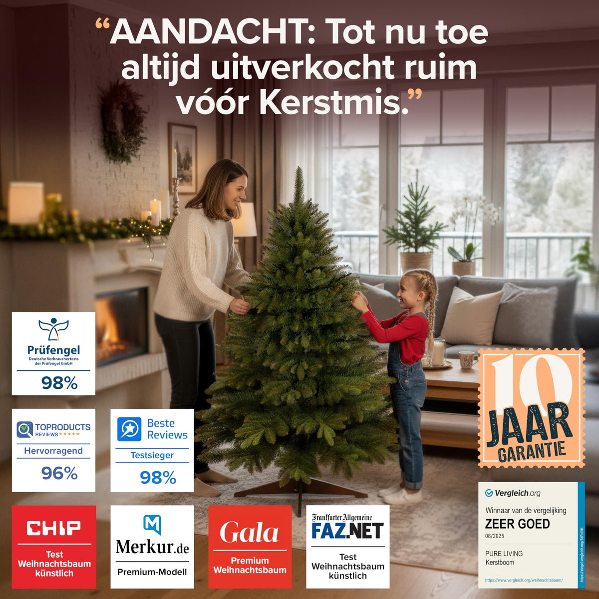 Premium Weihnachtsbaum künstlich 180cm - TESTSIEGER 10 Jahre GARANTIE - Naturgetreu, dichte Zweige, Künstlicher Weihnachtsbaum mit Holzständer, Christmas Tree Tannenbaum künstlich 180 cm Pure Living