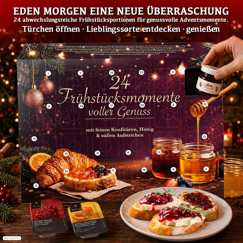 He-Ju Frühstück Adventskalender 2026, 24 süße Aufstriche in Portionsgrößen