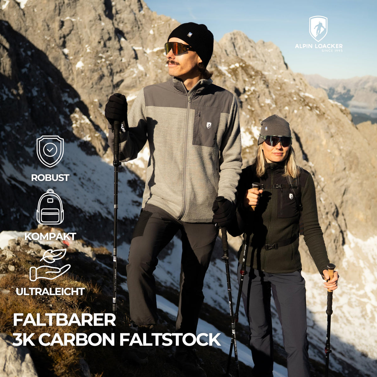 ALPIN LOACKER Wanderstöcke faltbar Carbon oder Aluminium mit Korkgriff I Nordic Walking Stöcke Damen & Herren I Leichte Faltbare Trekkingstöcke Teleskop für Bergsport