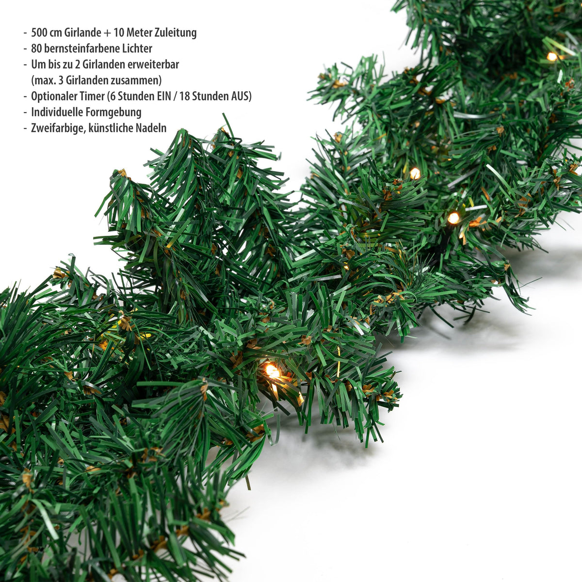 Tannengirlande 5 Meter mit 80 LED beleuchtet, erweiterbar, strombetrieben, optionaler Timer, inkl. 10 Meter Zuleitung, für Innen & Außen geeignet, künstliche Deko-Girlande mit Beleuchtung (warm-weiß)