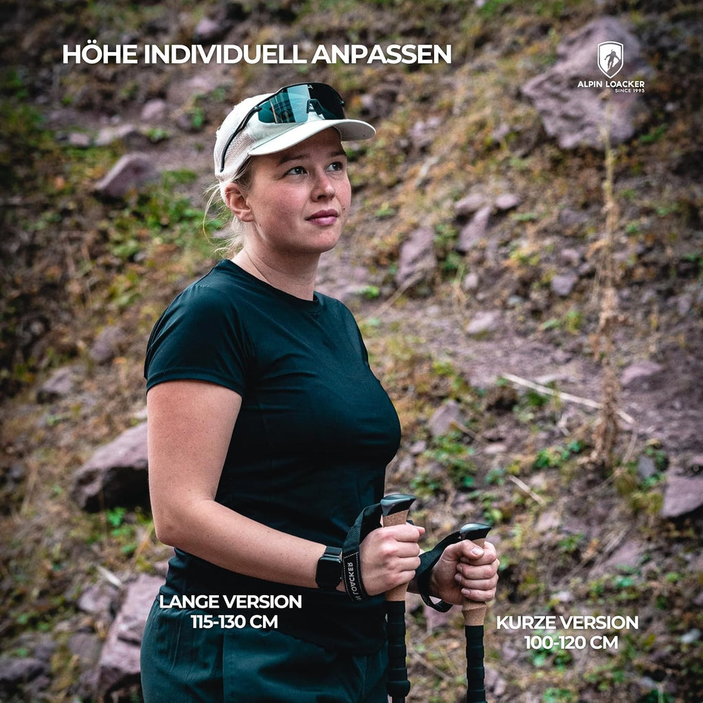 ALPIN LOACKER Wanderstöcke faltbar Carbon oder Aluminium mit Korkgriff I Nordic Walking Stöcke Damen & Herren I Leichte Faltbare Trekkingstöcke Teleskop für Bergsport